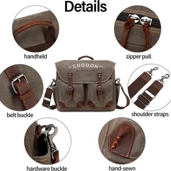 Mens Messenger Bag 15.6 Inch Vintage Waxed Canvas Genuine Leather Briefcase Leat - Picture 5 of 6